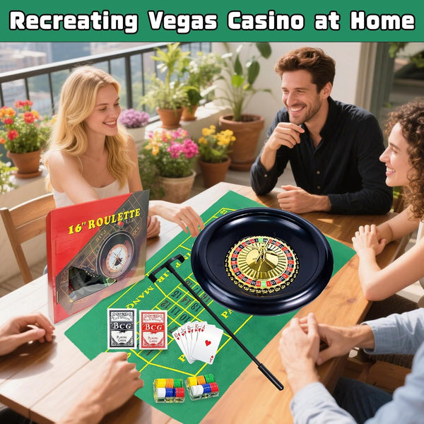 16" Roulette Wheel Set with Felt Chips Cards Rake for Casino Games Deluxe Poker