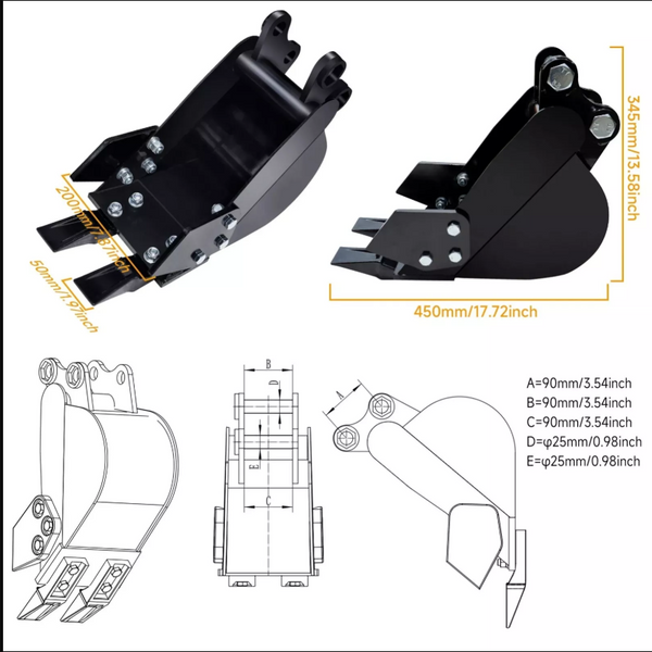 200mm Narrow Digging Bucket For Mini Excavators 7.87in Trenching Attachment