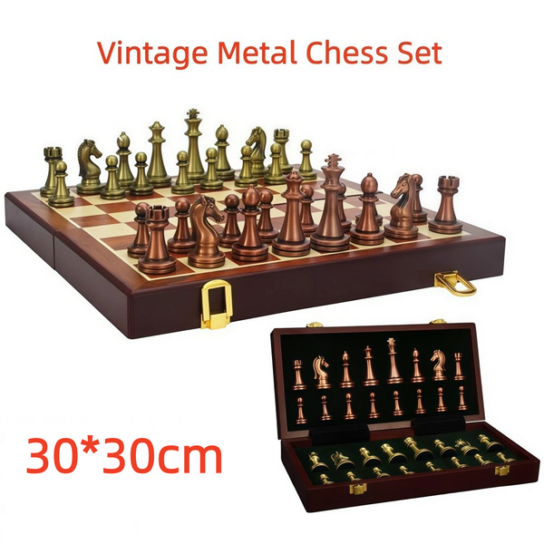 Upscale Metal Chess Set Foldable Wooden Chess Board Zinc Alloy Chess Pieces