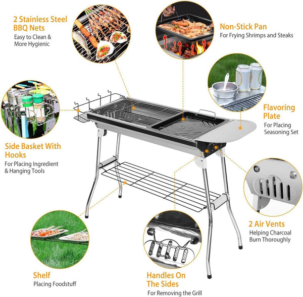 Outdoor Stainless Steel Charcoal Grill Barbecue Tool Folding Cooking Stove