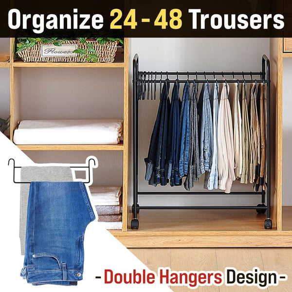 Pants Organizer Rack Trolley with 24 Double Hangers Rolling Trouser Metal Rack