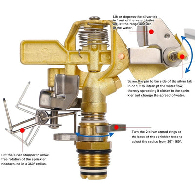 Heavy Duty Brass Impact Sprinkler Head with Nozzles 1/2" Lawn Garden Irrigation