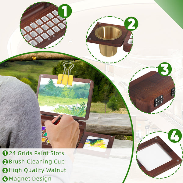Foldable Wooden Watercolor Palette Box 24 Color Tray Palette Travel Palette