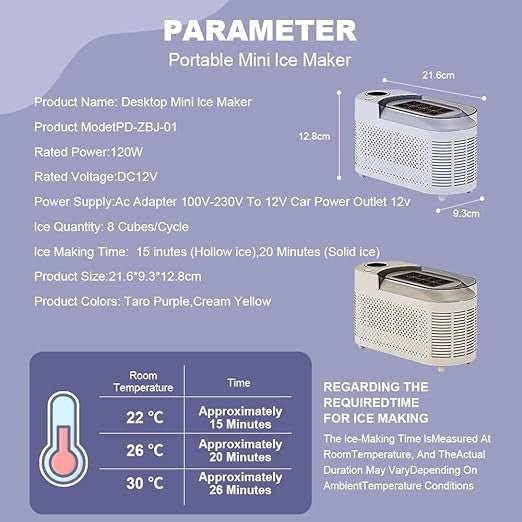 2-Power Mini Ice Maker 8 Cube Quick Ice Making Tool For RV Trip 21.6*9.3*12.8cm