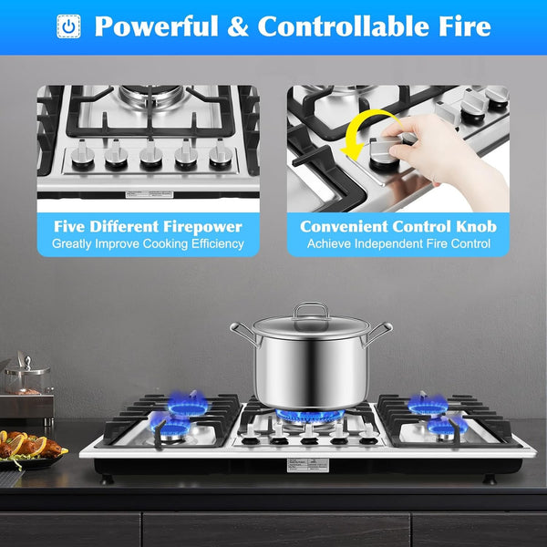 5 Burner Gas Cooktop Stove Konbs Kitchen Cooker Stainless Steel NG/LPG 86cm AU