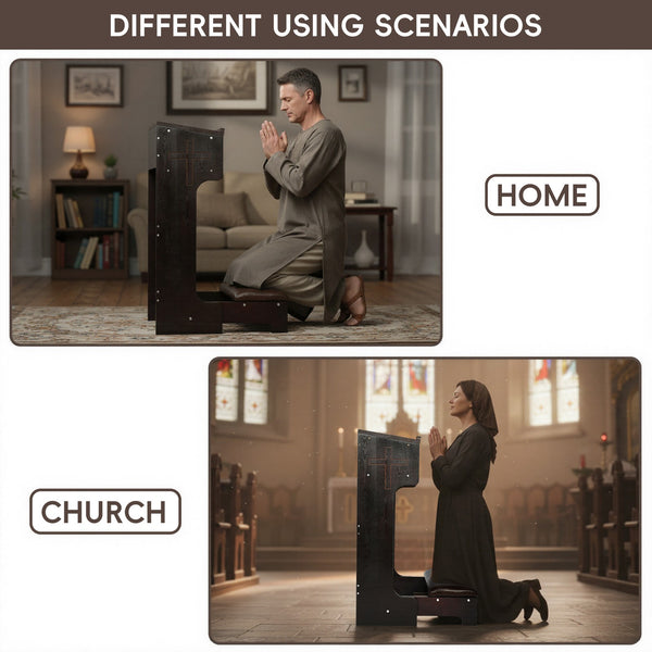 Wood Prayer Bench Stool Kneeler with Shelf and Cushion Church Prayer Table Chair