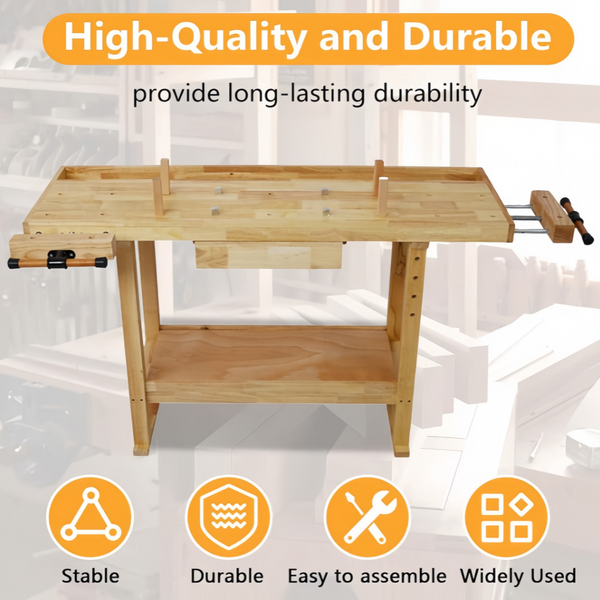 Heavy Duty Wood Workbench with Adjustable Handle & Storage for Garage Workshop