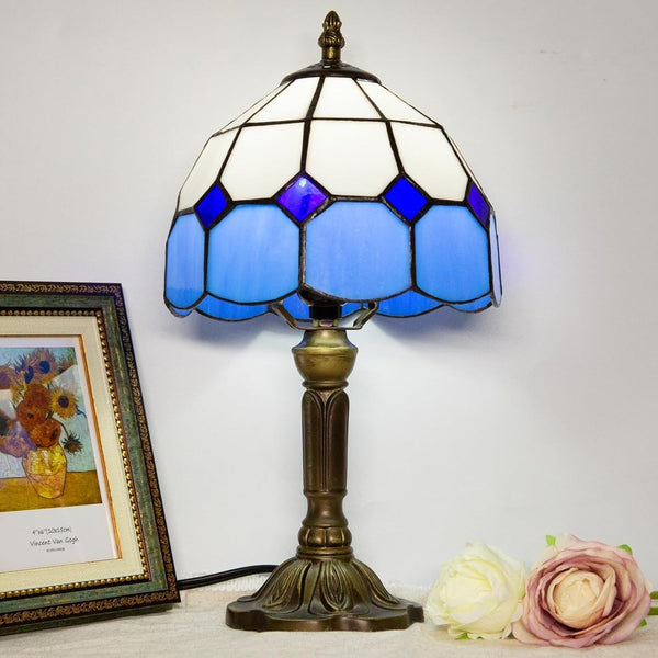 Vintage Tiffany Table Lamps 8" Stained Glass Table Lamp Blue White Lattice Style