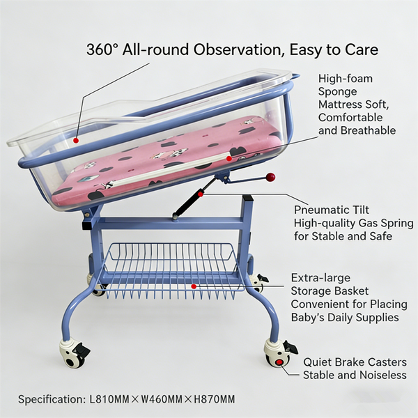 Clear Baby Bassinet Anti-Reflux Hospital Cot Newborn Crib w/ Wheels & Storage