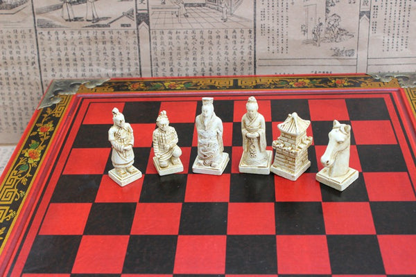Antique Chinese Terra-Cotta Warriors Chess Set Wooden Chess Board Pieces Gifts