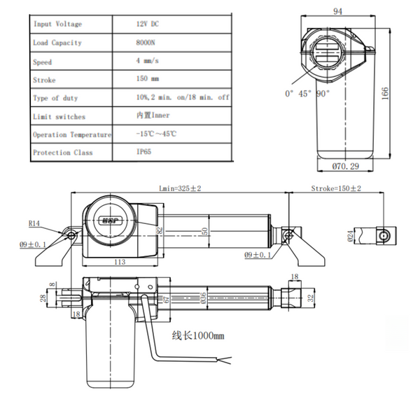 12V Linear Actuator 8000N Linear Actuator for Medical Auto Car (Stroke 150mm)