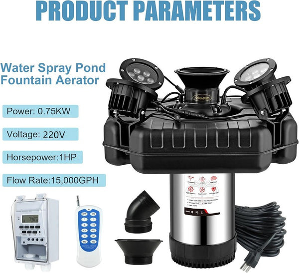Stainless Steel Pond Fountain Aerator 4 RGB Lights Fountain Pump Pond Lake Pool