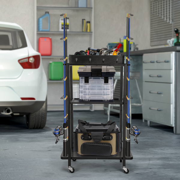 10-Rod Fishing Rod Holder Storage Rack with Wheels Fishing Pole Stand For Garage
