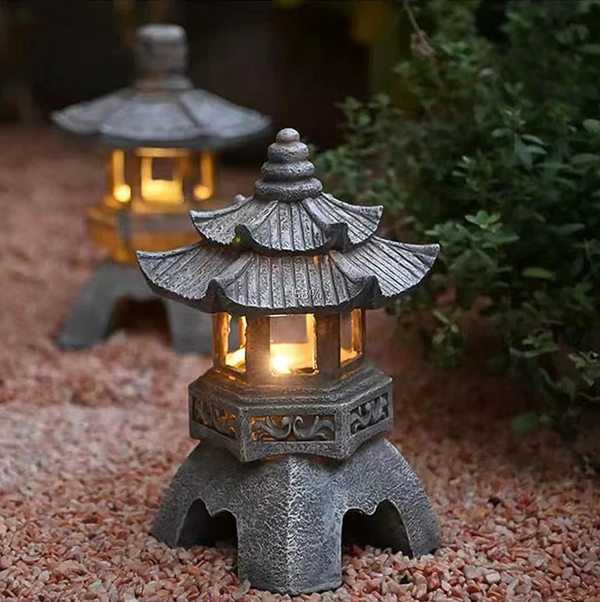 Pagoda Statues Outdoor Solar Powered Statue Zen Garden Lantern LED Garden Light