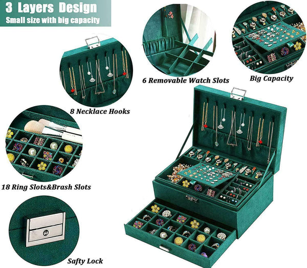 3-layers Jewelry Organizer Large Necklace Ring Display Cases Green Velvet Box