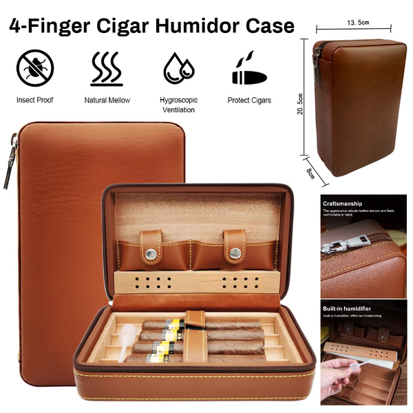 4-Finger Cigar Humidor Travel Cigar Case Holder Storage Wood Leather Box Gift AU