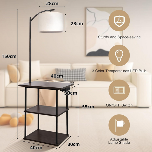 Standing End Side Table Floor Lamp 3-Tier Storage Shelves with Charging Station