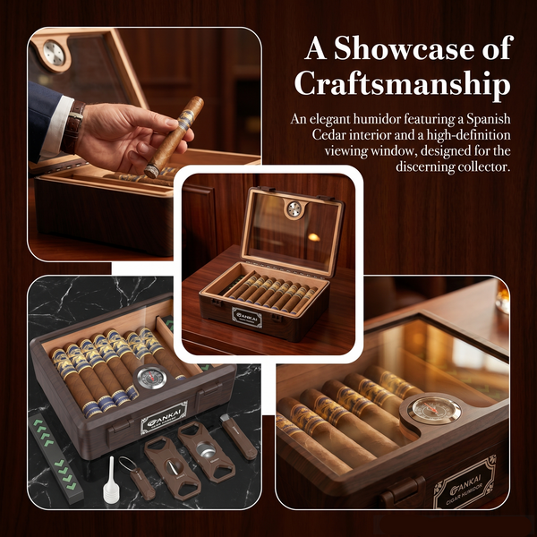 Cigar Humidor Glass Top Cigar Case with Cutter,Punch Tool,Humidifier &Hygrometer