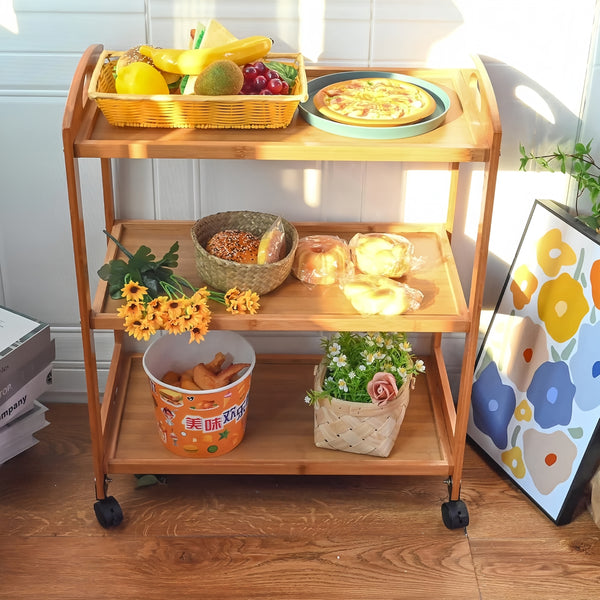 Solid Wood 3 Tier Shelf Serving Table with Wheels Bar Cart Kitchen Storage Cart