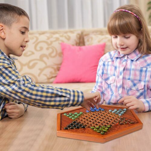 Wooden Chinese Table Board Game Checkers w/ Storage Drawers & Glass Marbles Gift