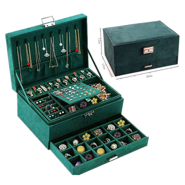 3-layers Jewelry Organizer Large Necklace Ring Display Cases Green Velvet Box