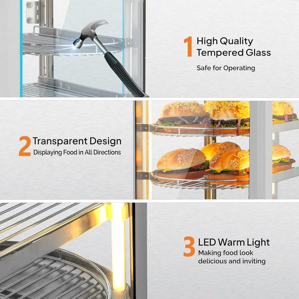 3-Tier Commercial Food Warmer Display 30-80℃ Hot Dog Pizza Showcase Cabinet 800W