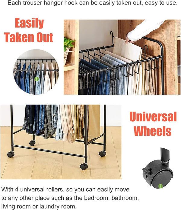 Pants Organizer Rack Trolley with 24 Double Hangers Rolling Trouser Metal Rack