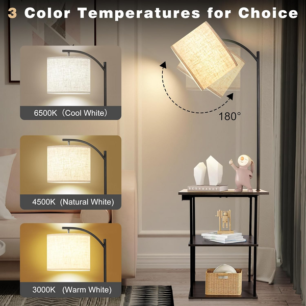 Standing End Side Table Floor Lamp 3-Tier Storage Shelves with Charging Station