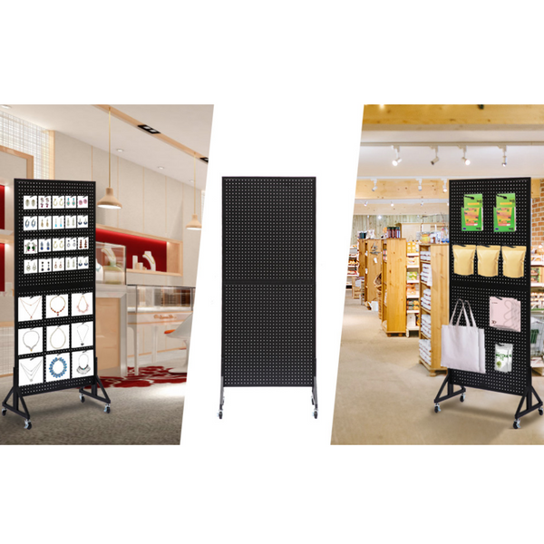 174cm Tall Metal Pegboard Display Rack Retail Display Rack w/ Wheels 30 Hooks AU