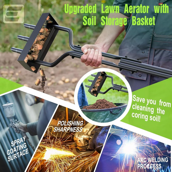 Manual Lawn Aerator Coring w/ Soil Track Tray &3 Core Portable Core Aerator Tool