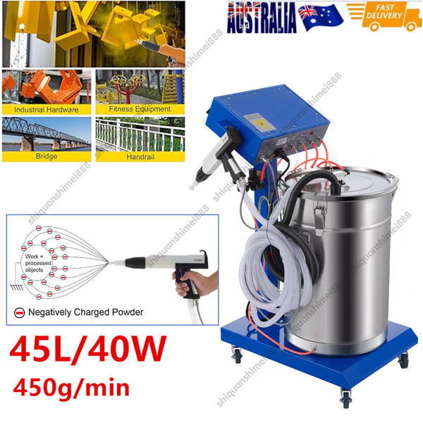 450g/min Electrostatic Powder Coating Spray Gun 45L Powder Hopper Trolley AU