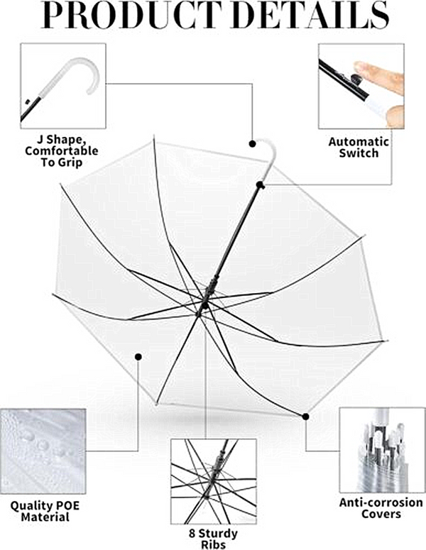 10PCS Transparent Umbrella Clear Dome Waterproof Semi-Automatic Umbrellas Party
