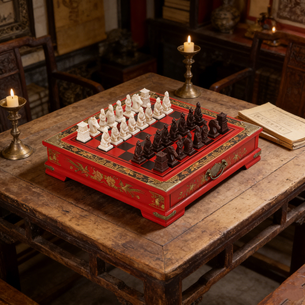 Antique Chinese Terra-Cotta Warriors Chess Set Wooden Chess Board Pieces Gifts