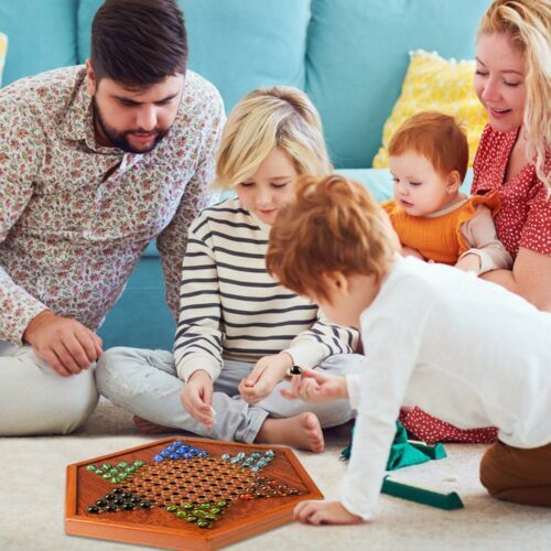 Wooden Chinese Table Board Game Checkers w/ Storage Drawers & Glass Marbles Gift