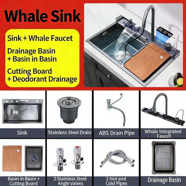 Kitchen Sink Single Bowl Basin Stainless Steel Bar w/Digital Faucet & Cup Washer