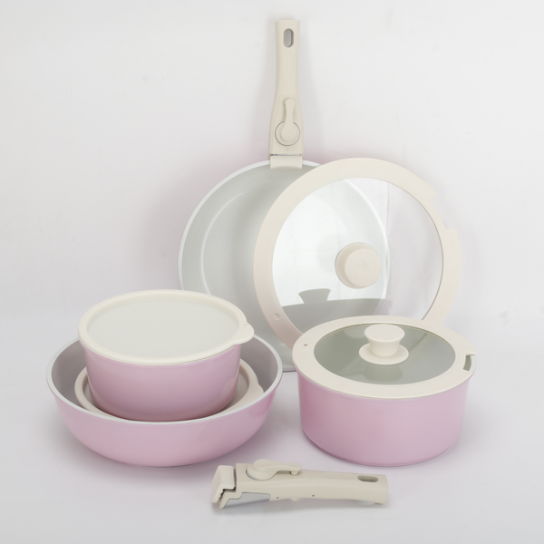 11Pcs Pink pots and Pans Set Removable Handle Nonstick Cookware Set Space Saving