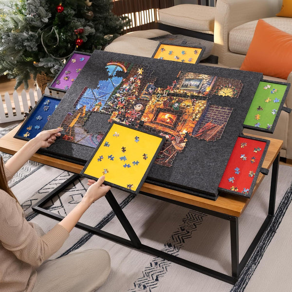 1500Pcs  Portable Felt Puzzle Table Board with 6 Colorful Drawers Adjustable AU