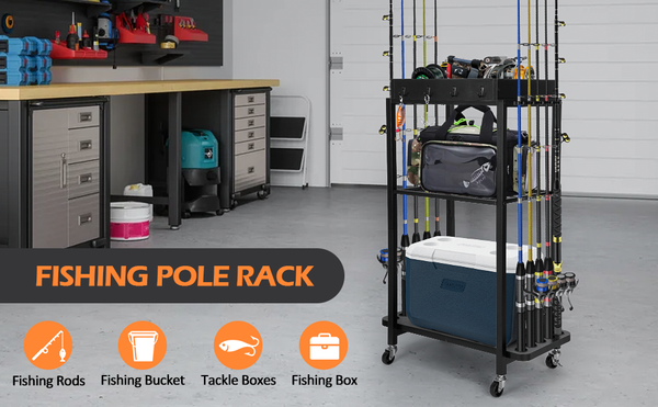 10-Rod Fishing Rod Holder Storage Rack with Wheels Fishing Pole Stand For Garage