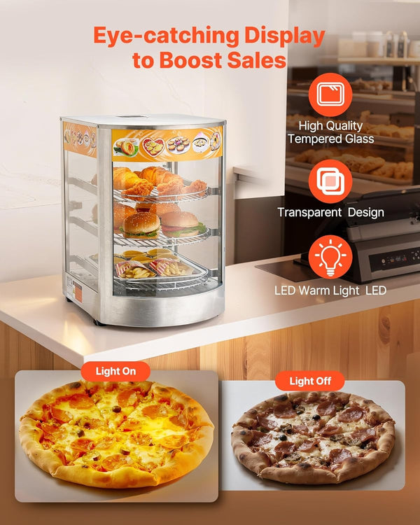 3-Tier Commercial Food Warmer Display 30-80℃ Hot Dog Pizza Showcase Cabinet 800W