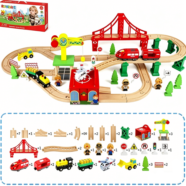 80 Pcs Electric Train Set -Wooden Track & Crane & Trains Toys Set Kids DIY Toy
