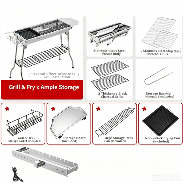 Outdoor Folding BBQ Grill Stove Charcoal Picnic Camping & Automatic Rotary Grill