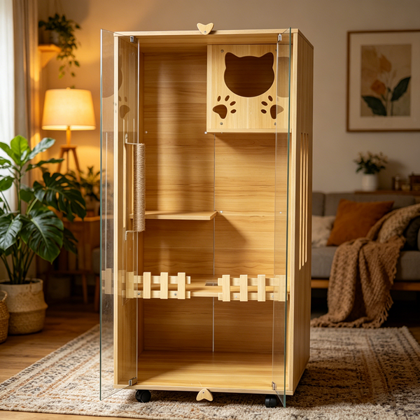 Luxury Cat Villa Wood Cat House Indoor Cat Cage Pet Exhibit Cabinet Clear Glass
