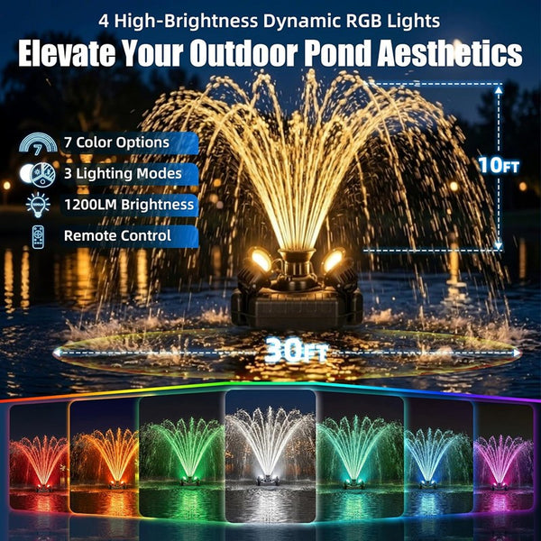 Stainless Steel Pond Fountain Aerator 4 RGB Lights Fountain Pump Pond Lake Pool
