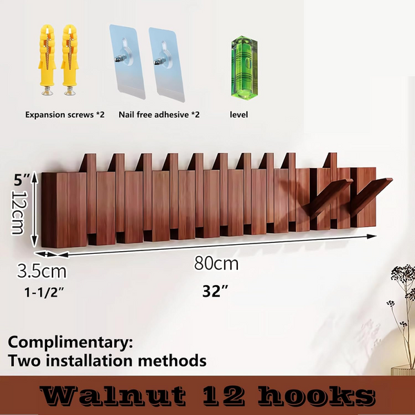 Walnut Wood Coat Rack 12 Hooks Piano Shape Wall Mounted Wall Hanger Clothes Hook