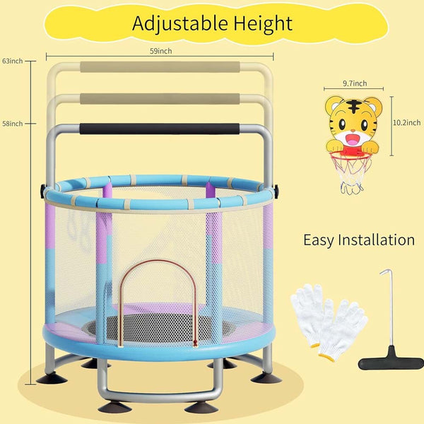 60" Kids Trampoline Adjustable Toddler Trampoline With Protection Net And Toys