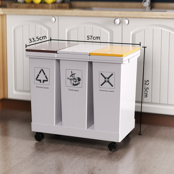 60L Removable Rubbish Bin 3 Compartment Trash Can Waste Rubbish Recycling