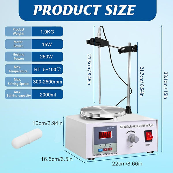 2L Magnetic Stirrer Hot Plate with Digital Temperature Display & Speed Adjusting