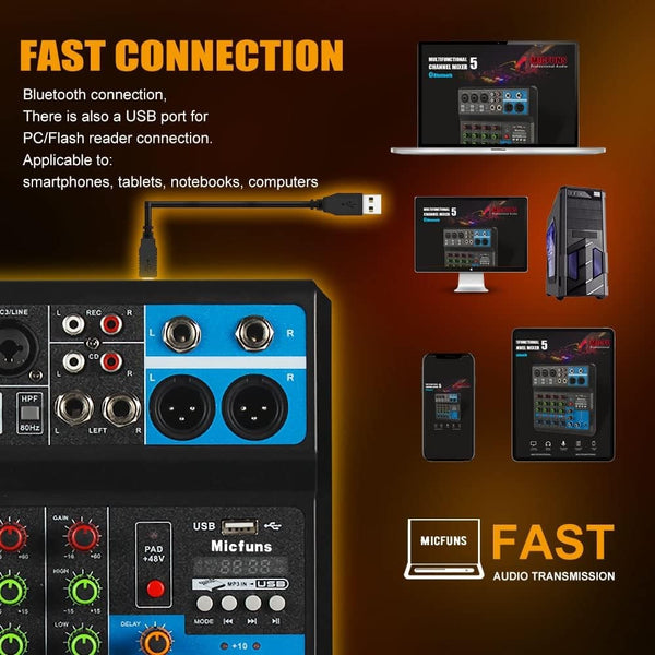 5 Channel Mini Bluetooth Audio Mixer USB DJ Live Console Sound Card Studio Mixer