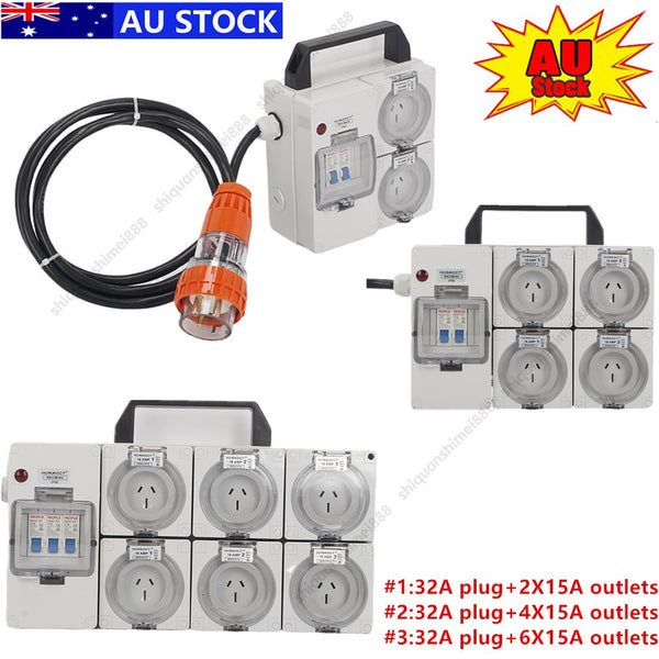 Waterproof Industrial Power Board Adapter 32 Amp 250v 15A Outlets 2/4/6 Sockets
