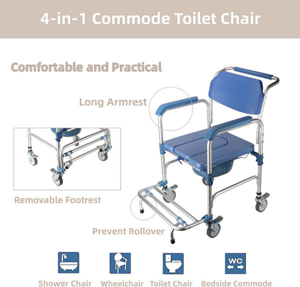 Shower Chair With Wheels Disabled Bedside Commode Wheelchair Toilet Chair 200KG
